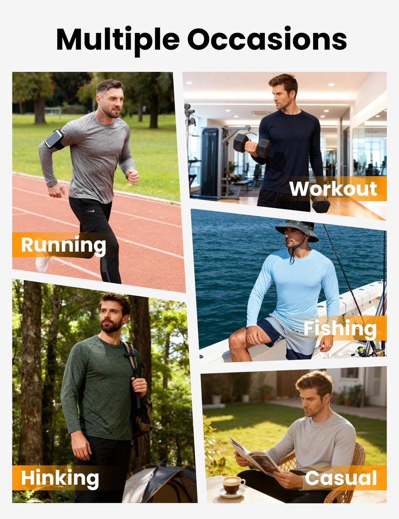 7 Pack Long Sleeve Shirts for Men - Quick Dry Moisture Wicking UPF 50+ Sun Protection T-Shirts for Workout Fishing Casual，Black*3/Dark Grey*2/Blue*2，Large