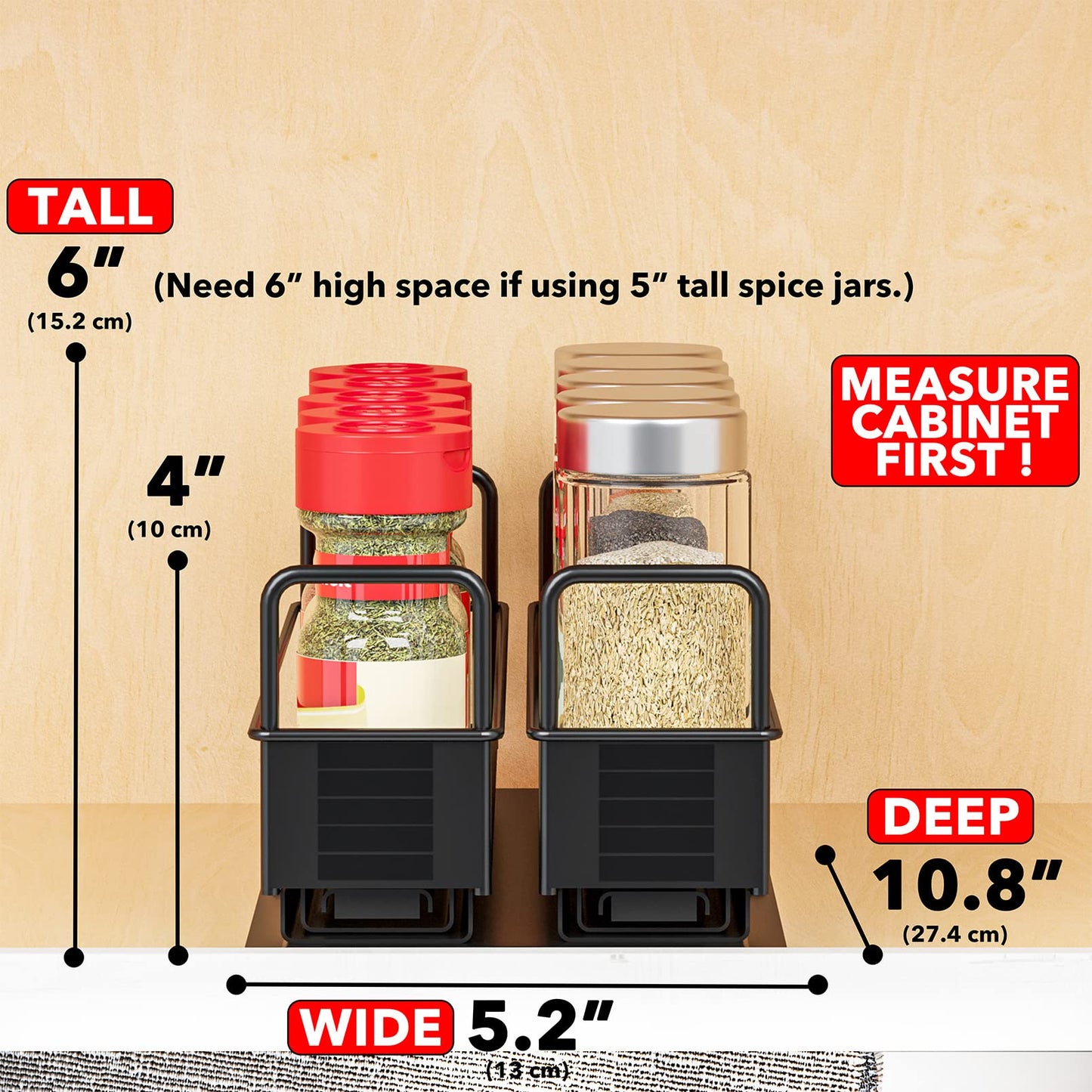 SpaceAid Pull Out Spice Rack Organizer for Cabinet, Heavy Duty Slide Out Seasoning Kitchen Organizer, Cabinet Organizer, with Labels, 5.2" W x10.75 D x10 H, 2 Drawers 2-Tier