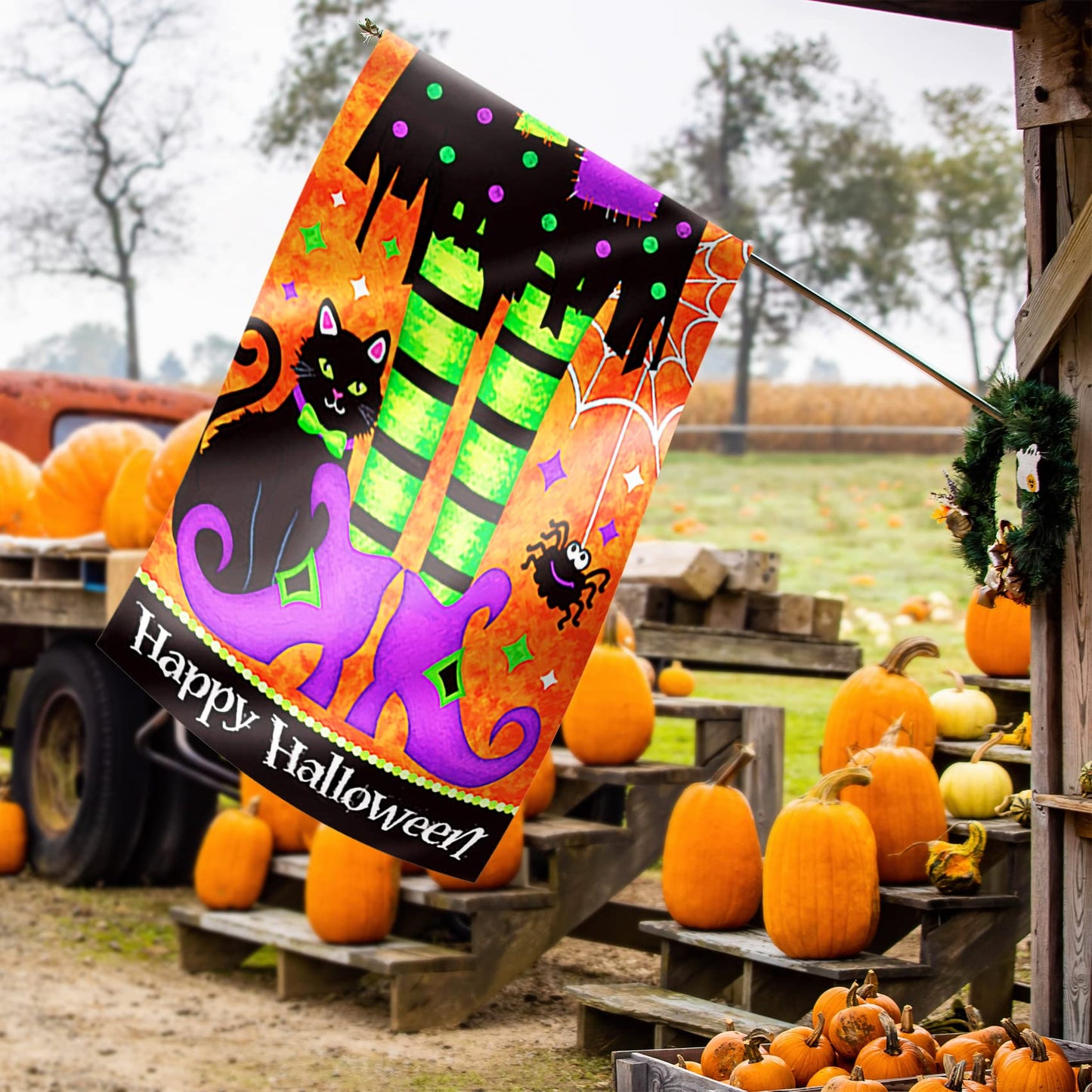 Morigins Trick Or Treat Witch Feet 28 x 40 Black Kitty Spider Decorative Happy Halloween Double Sided House Flag