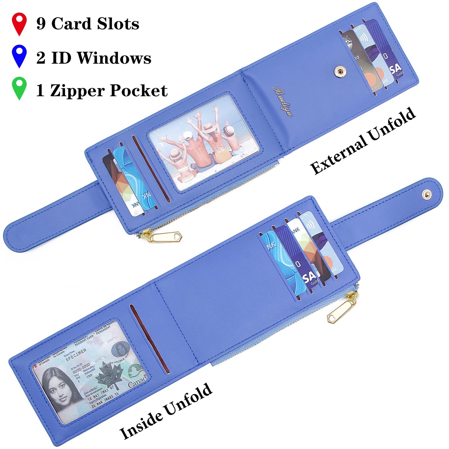 Badiya Slim Wallet for Women RFID Blocking Credit Card Holder Lady Bifold Small Wallets Organizer with Zipper Coin Pocket