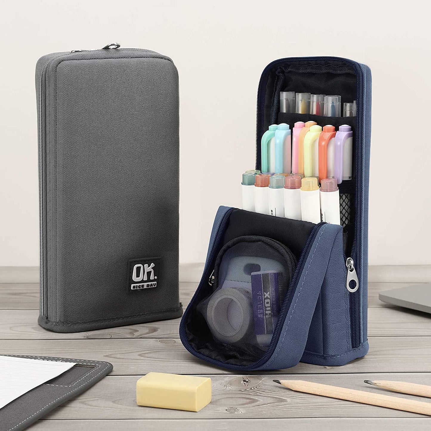 Housolution Standing Pencil Case Large Capacity Pen Bag, Multi-Layer Pen Pouch Pencil Holder Stationery Organizer, Polyester Pencil Bag Storage Box Desk Organizer, Blue