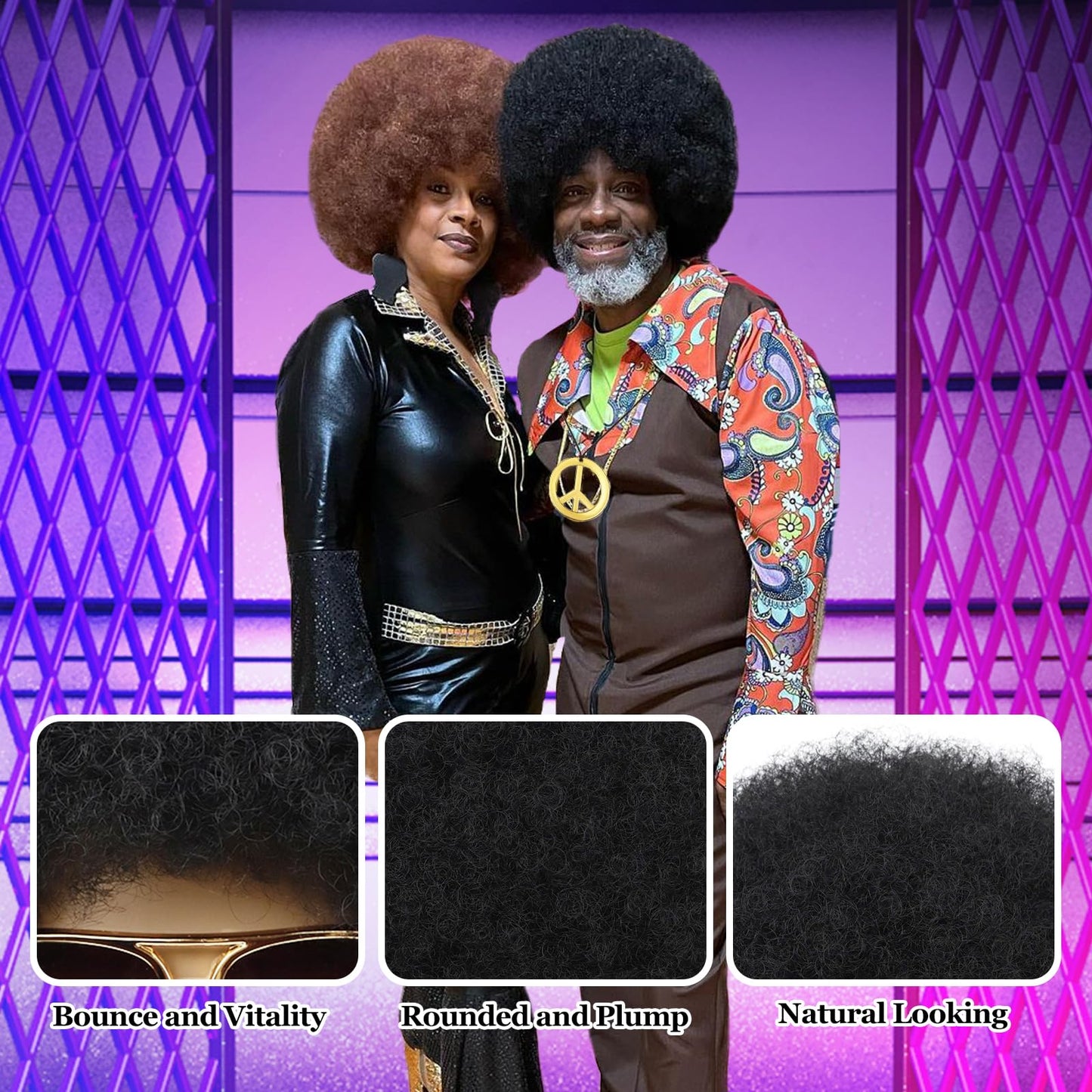 Tereshar 70s Mens Afro Wig for Disco Party, 5pcs Set (Glasses+ Golden Chain+Peace Sign Necklace+ Wig Cap) Black Afro Curly Retro Disco Hippie Wigs for 70s 80s Costume Halloween Cosplay Use