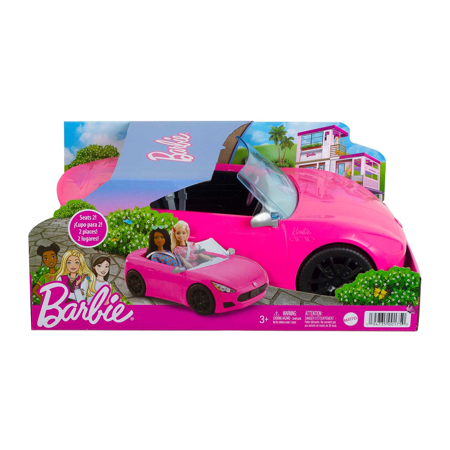 Barbie Toy Car, Bright Pink Doll-Sized Convertible with 2 Seats, Seatbelts & Rolling Wheels, Realistic Details