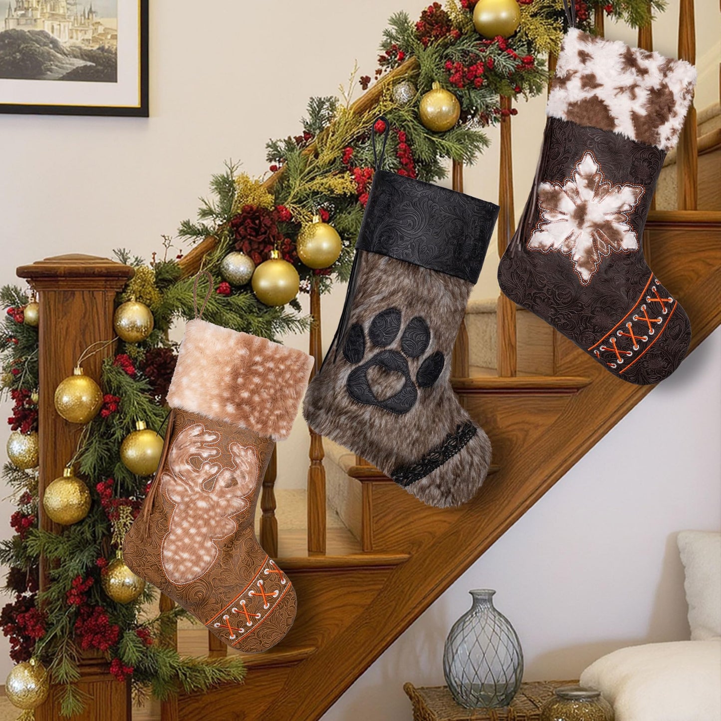 LUBOT 2025 Christmas Stockings Set of 6, Western Cowboy 20" Rustic Farmhouse Fireplace Hanging Décor Neutral Embossed Leather & Plush Faux Fur with Tassel Accents Large Family Xmas Stockings