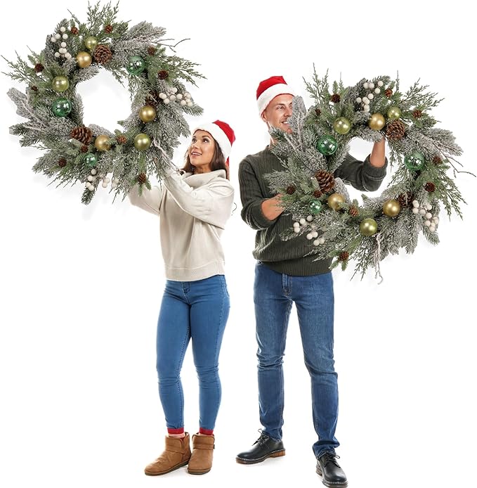 Holiday Christmas Wreath for Front Door, Snow Flocked 22-inch Artificial Winter Wreath with Gold and Green Ornaments, Pinecones and White Berries - Indoor & Outdoor Christmas Decoration