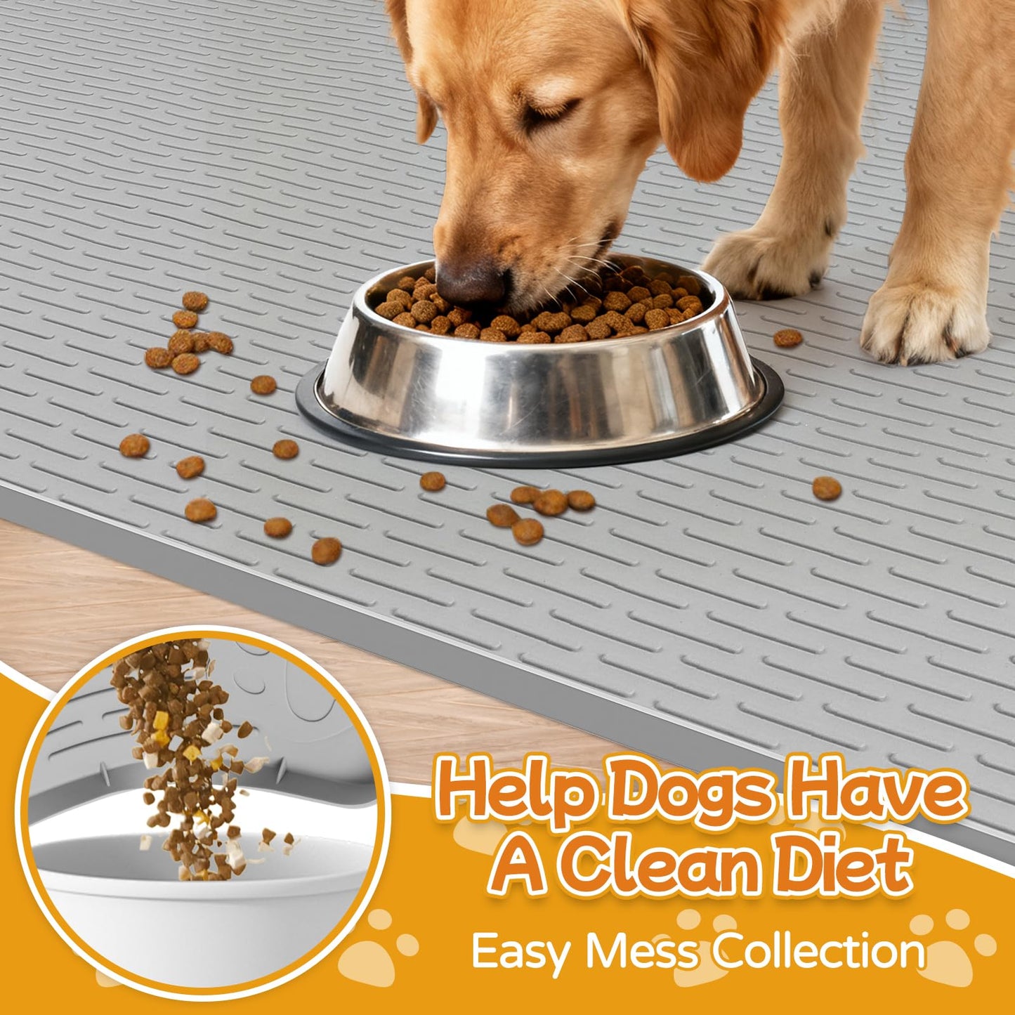 Lanstics Dog Food Mat, 50" x 35" Large Silicone Mat Dog Feeding Mat with Raised Edge Non-Slip Pet Feeding Mat for Food and Water Bowl, Easy to Clean, Floor Protection (Gray)