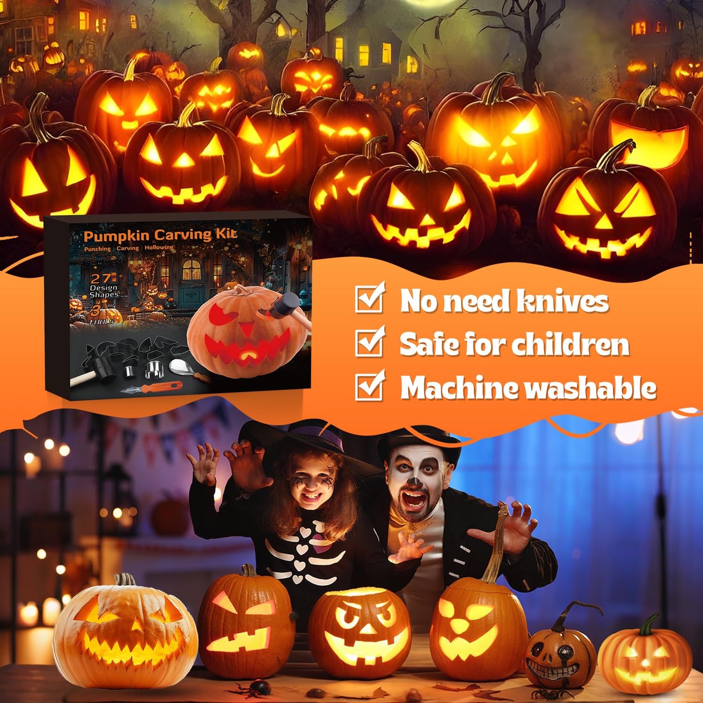 Pumpkin Carving Kit, 27PCS Stainless Steel Tools with 24 Halloween Shape Molds & 3 Carving Tools, Safe DIY Pumpkin Decor for Adults and Kids, Machine Washable