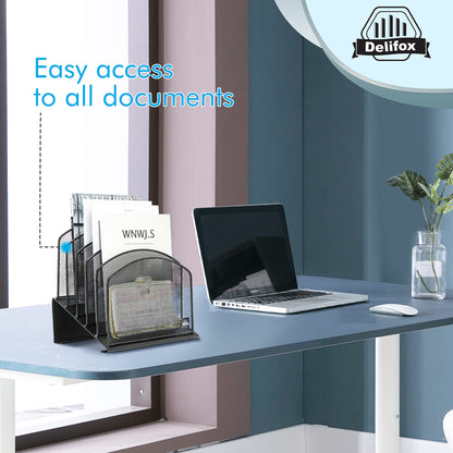 Delifox Inclined Desk File Organizer, 5-Section Vertical File Folder Holder Stand Metal Rack File Sorter for Office Classroom Desktop Organization (Black, 1Pack)