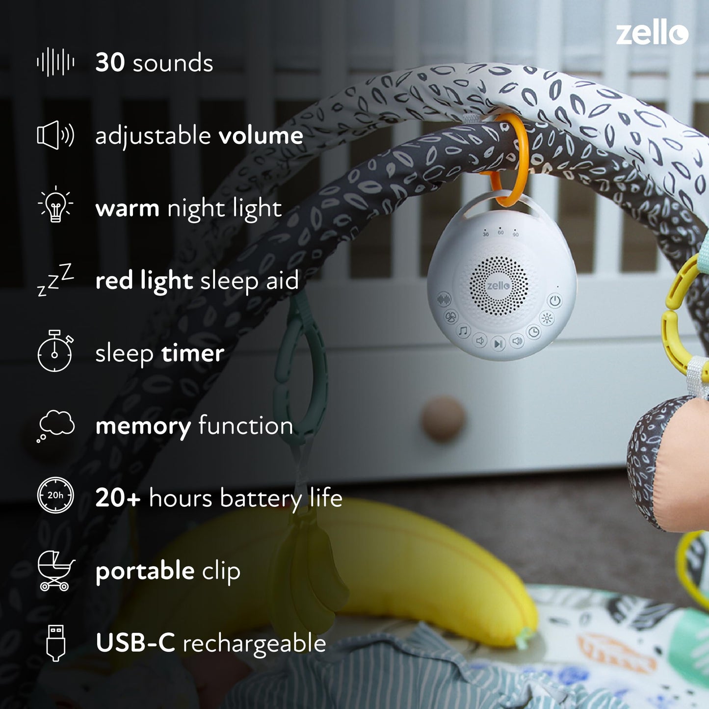 Zello Portable Pro White Noise Machine Baby Sleep Aid 30 Soothing Sounds Red Nightlight 20hr Battery USB Rechargeable Memory Function Portable Sound Machine Travel Pram Pushchair Cot Nursery