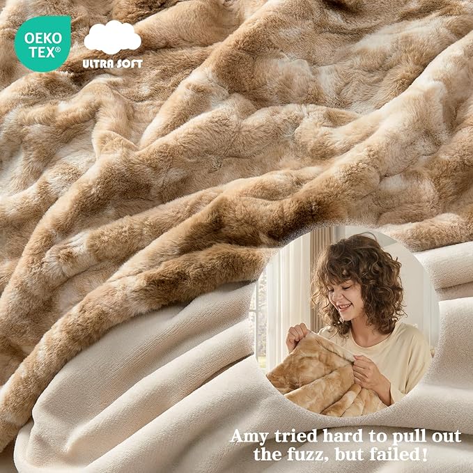 Krifey Oversized Faux Fur Blanket, Super Soft Cozy Blanket, Luxury Fluffy Throw Blanket Fuzzy Bed Throw, Plush for Women, Marbled Beige 60" x 80"