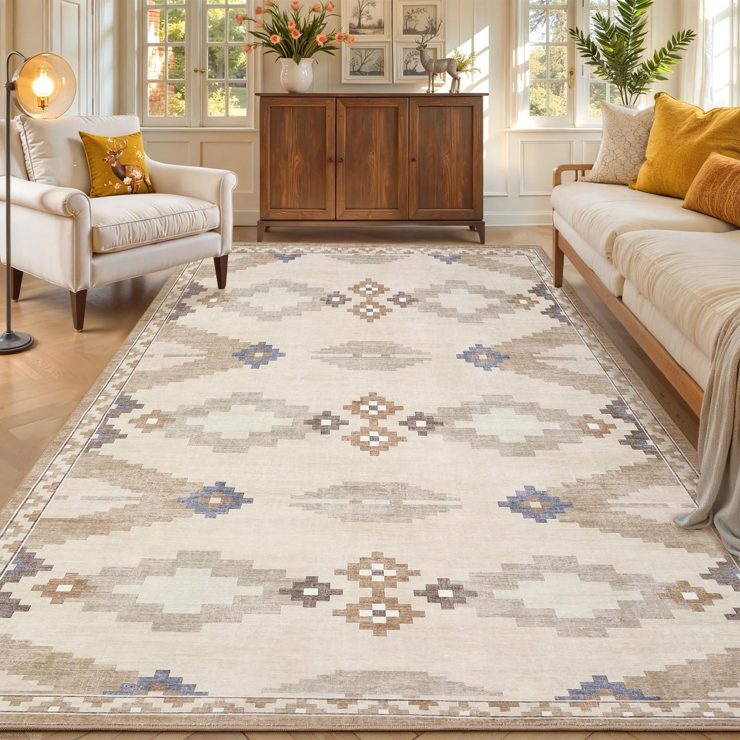 Mid Century Beige Rug 5x7 Washable Large Living Room Area Rugs Non Slip Stain Resistant Boho Tribe Bedroom Throw Carpet Soft Geometric Modern Rugs for Dining Room Dorm Nursery Home Office, Beige