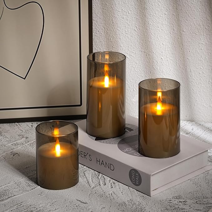 Upinmz Grey Acrylic Flameless Candles with Remote Control and Timers，Battery Operated Candles，LED Pillar Candles with Dancing Flame ，for Home Decorations ，Set of 3
