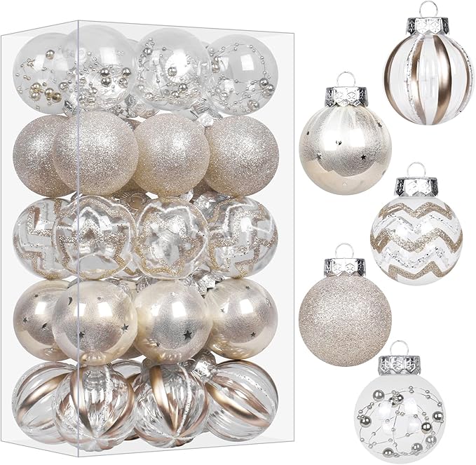 SY Super Bang 30PCS Champagne Christmas Ornaments Set, 60MM/2.36" Clear Plastic Shatterproof Ball Ornaments for Christmas Tree Hanging Decorations, for Home Holiday Party Xmas Decor.
