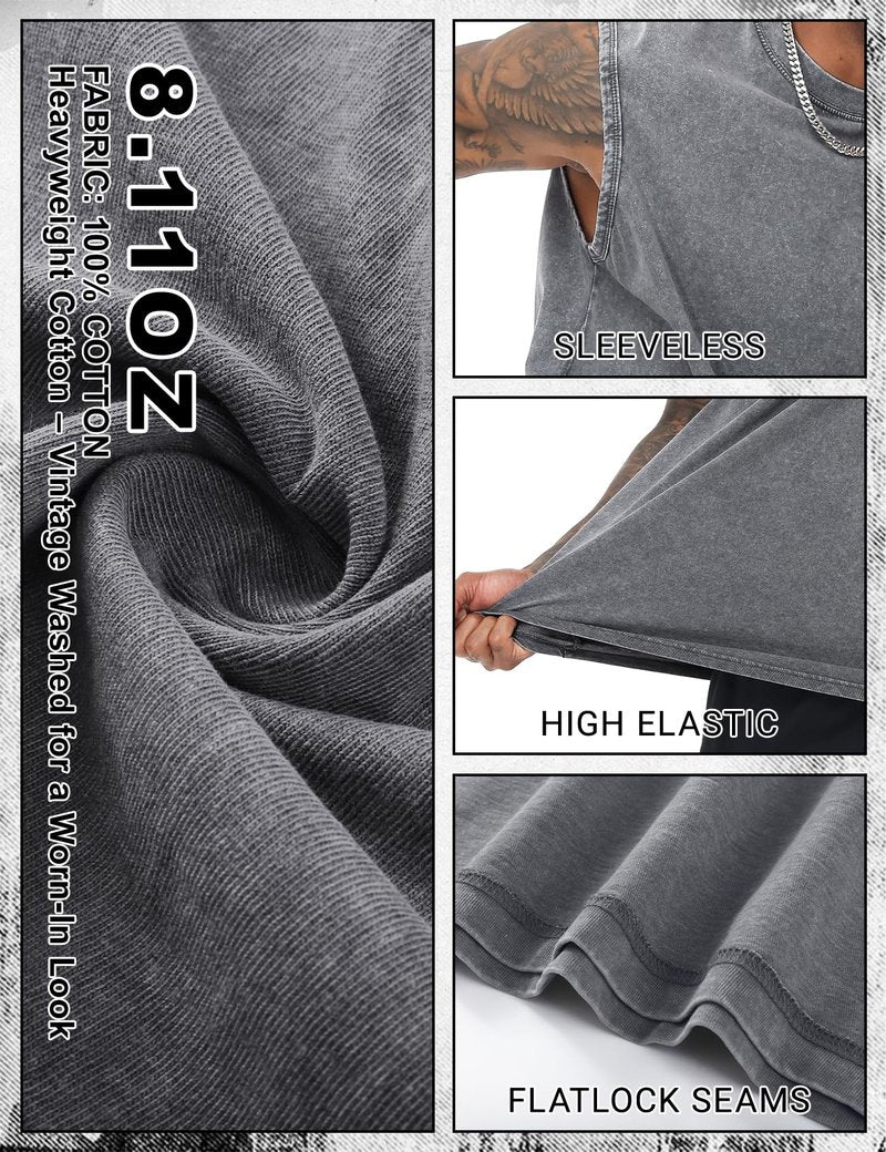 Eisctnd Men's Tank Tops Sleeveless Muscle Shirts, Cotton Acid Wash Loose Fit Workout Tanks Tees for Running Beach(Black+Coffee+Grey-XL)