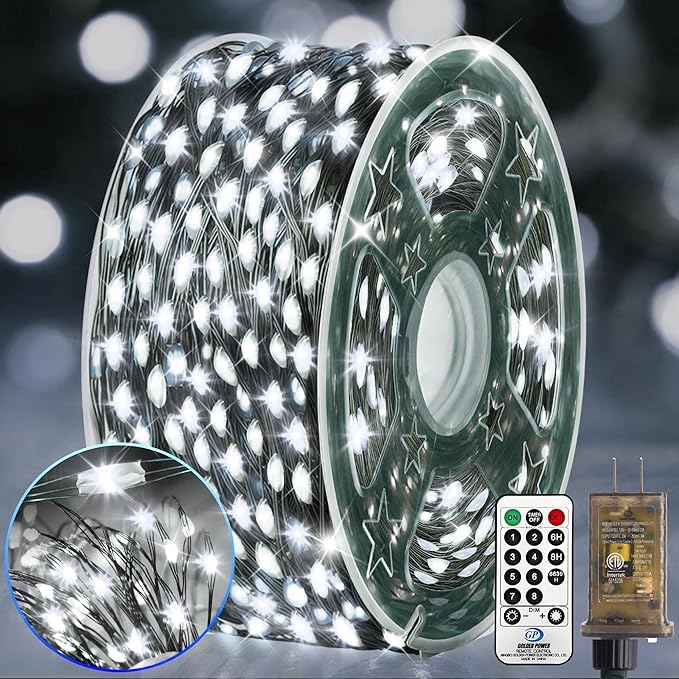 KNONEW 203FT Outdoor Christmas Fairy Lights Plug in,600 LED String Lights Outdoor Waterproof 8 Modes Memory Times for Wedding Bedroom Walls Garden Trees Decoration(Cool White)