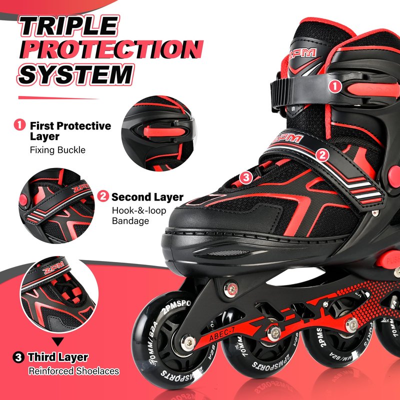 2PM SPORTS Inline Skates for Boys Kids Girls Ages 5-8 8-12 4-6 6-12 with Light Up Wheels, Adjustable Kids Roller Skates Blades for Adults Women Female Beginners Youths Red, Medium - Big Kid (1-4 US)