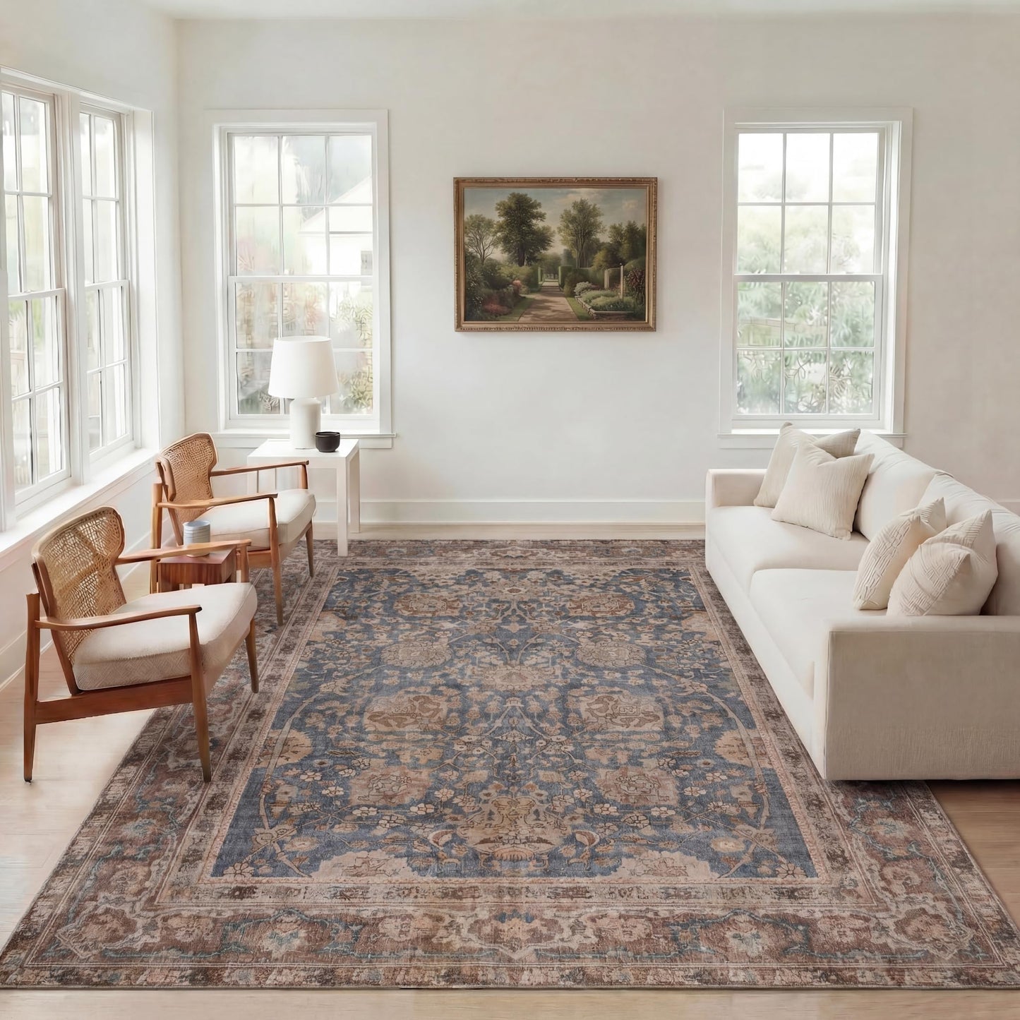 Kuden 9x12 Large Area Rug, Machine Washable Area Rug with Non-Slip Backing, Vintage Style, Soft, Easy Clean, Low Pile Rug for Living Room, Bedroom, Dining Room