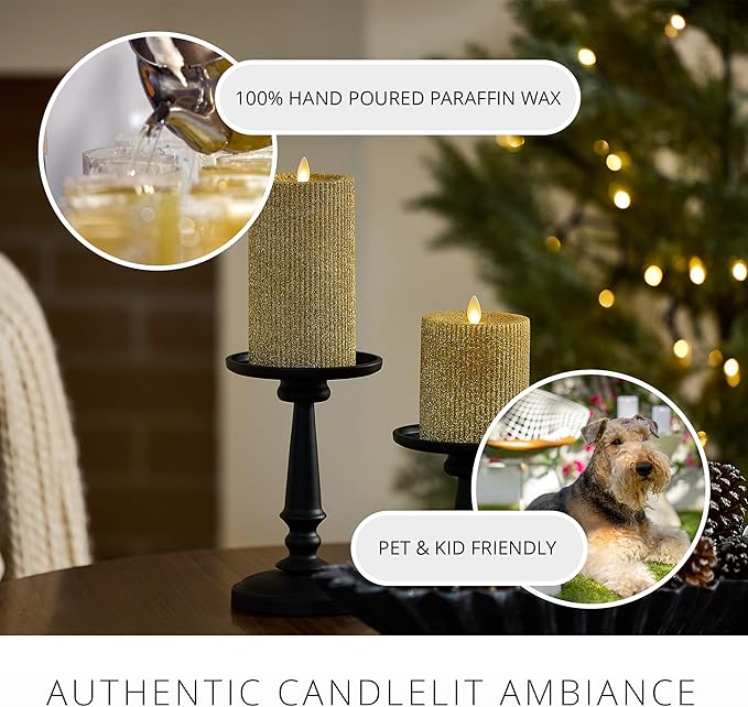 Luminara Rich Gold Glitter Ribbed Flameless LED Candle Moving Flame Pillar, Real Wax, Flat Top, Timer (3.25" x 6.5")