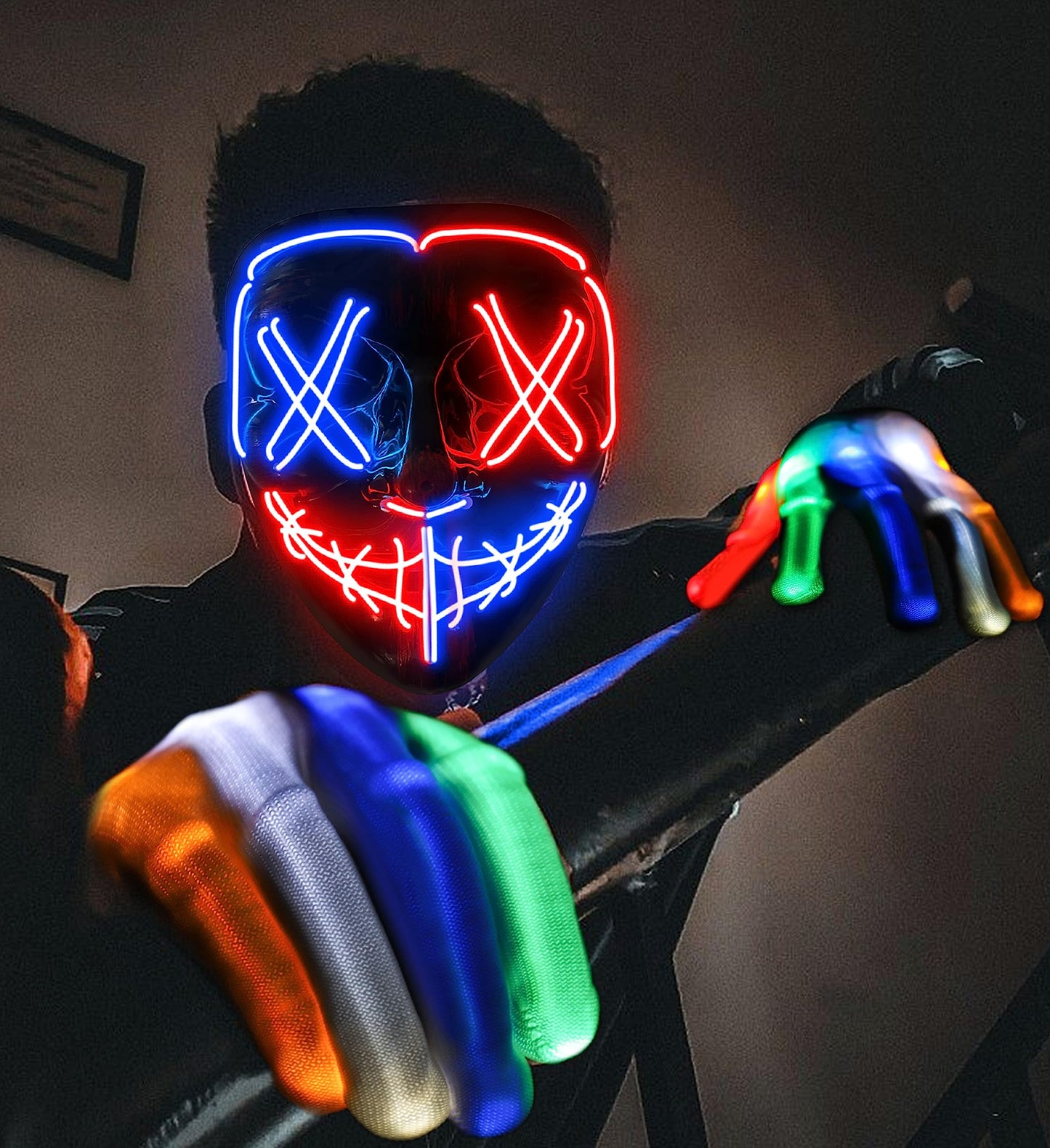 Halloween Mask Skeleton Gloves Set, Halloween Costumes Gifts for Men Women Boys Girls, 3 Modes Light Up Scary LED Mask with LED Glow Gloves, Halloween Decorations Scary Scream Anonymous Masks