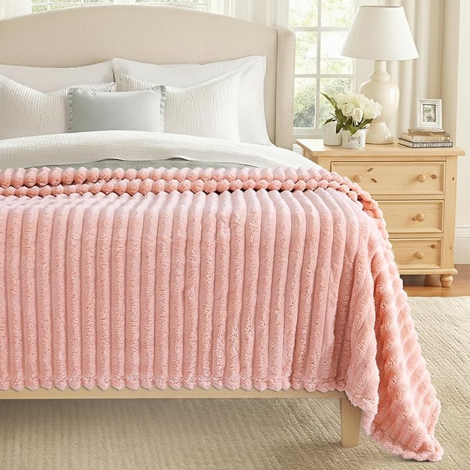 decorUhome Soft Fleece Pink Twin Blanket for Bed, Cozy Fluffy Plush Flannel Striped Throws for Couch Sofa, Lightweight Decorative Ribbed Fuzzy Blanket for Woman, 60x80 Inches
