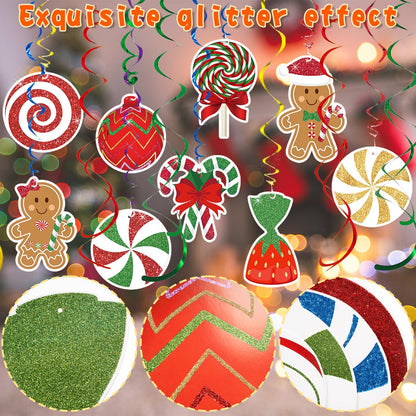 Candy Gingerbread Christmas Decorations - 20pcs Glitter Gingerbread House Candy Christmas Balls Hanging Swirls for Candyland Xmas Party Decor Supplies