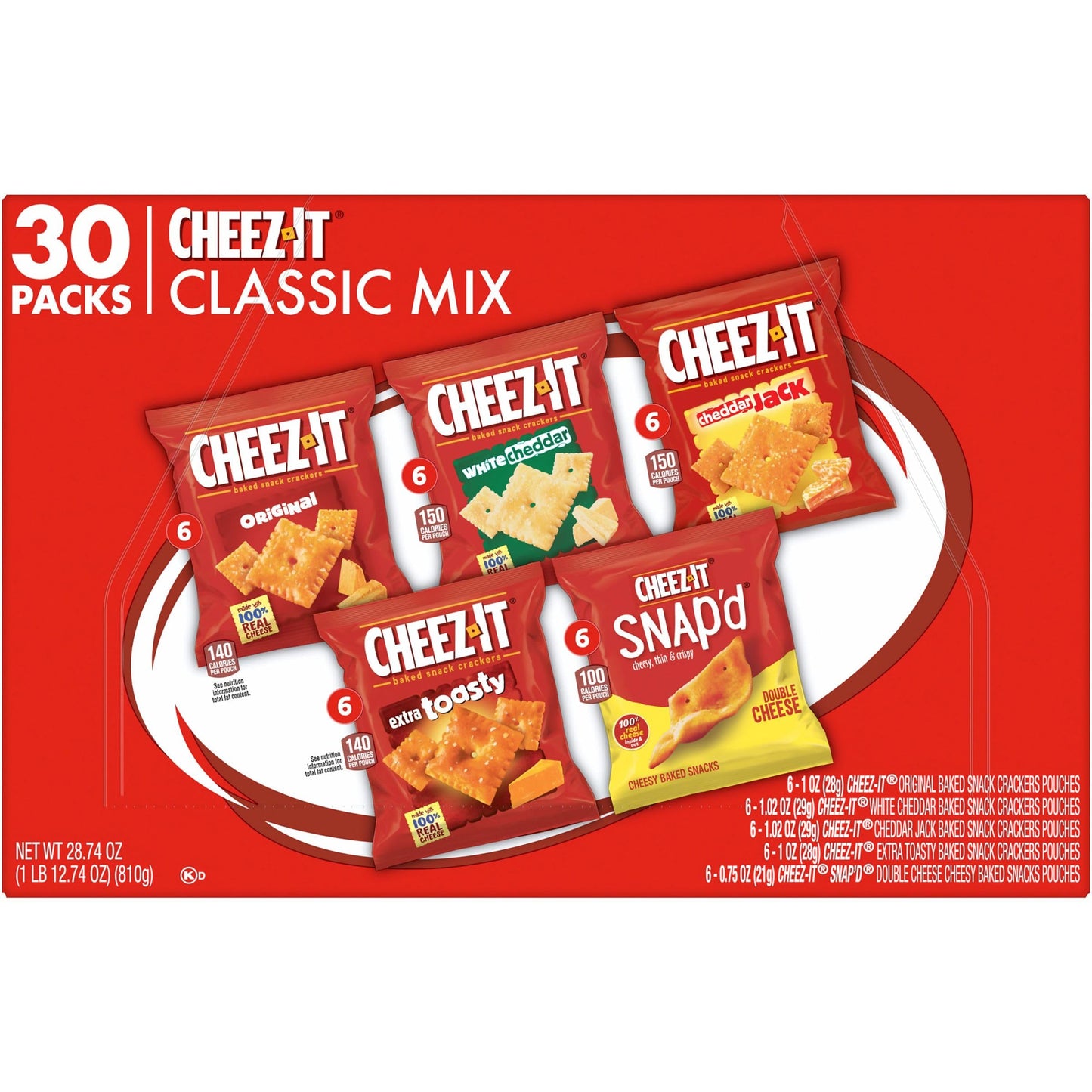 Cheez-It Cheese Crackers, Baked Snack Crackers, Office and Kids Snacks, Variety Pack, 28.74oz Box (30 Packs)