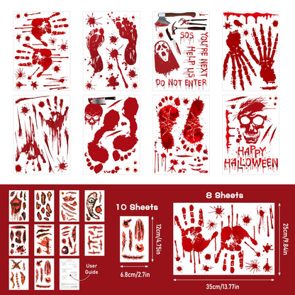 Halloween Decorations 165 PCS, 8 Sheets Bloody Handprint Footprint Halloween Wall Decal Floor Window Stickers,10 Sheets Wound Tattoo Stickers, Scary Party Decorations Window Stickers
