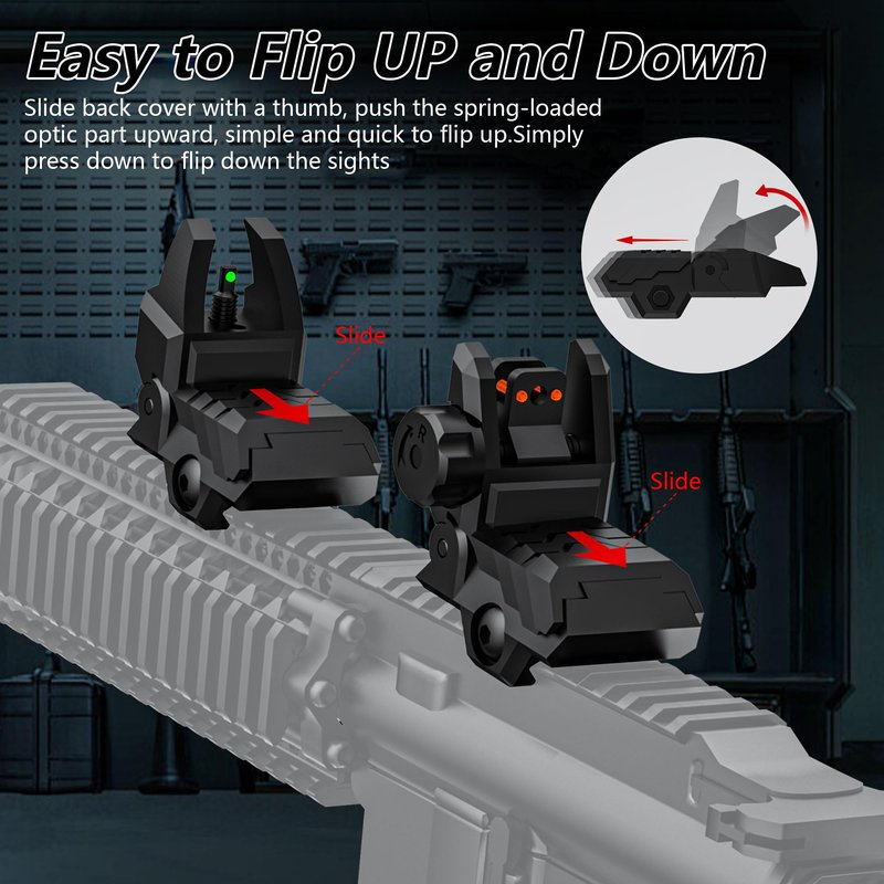 JORMIX Folding Fiber Optic Sights Flip Up Sights Front and Rear Back up Sights for Picatinny Weaver Rails with Red Green Full Dots Polymer (Front Green+Back Red)