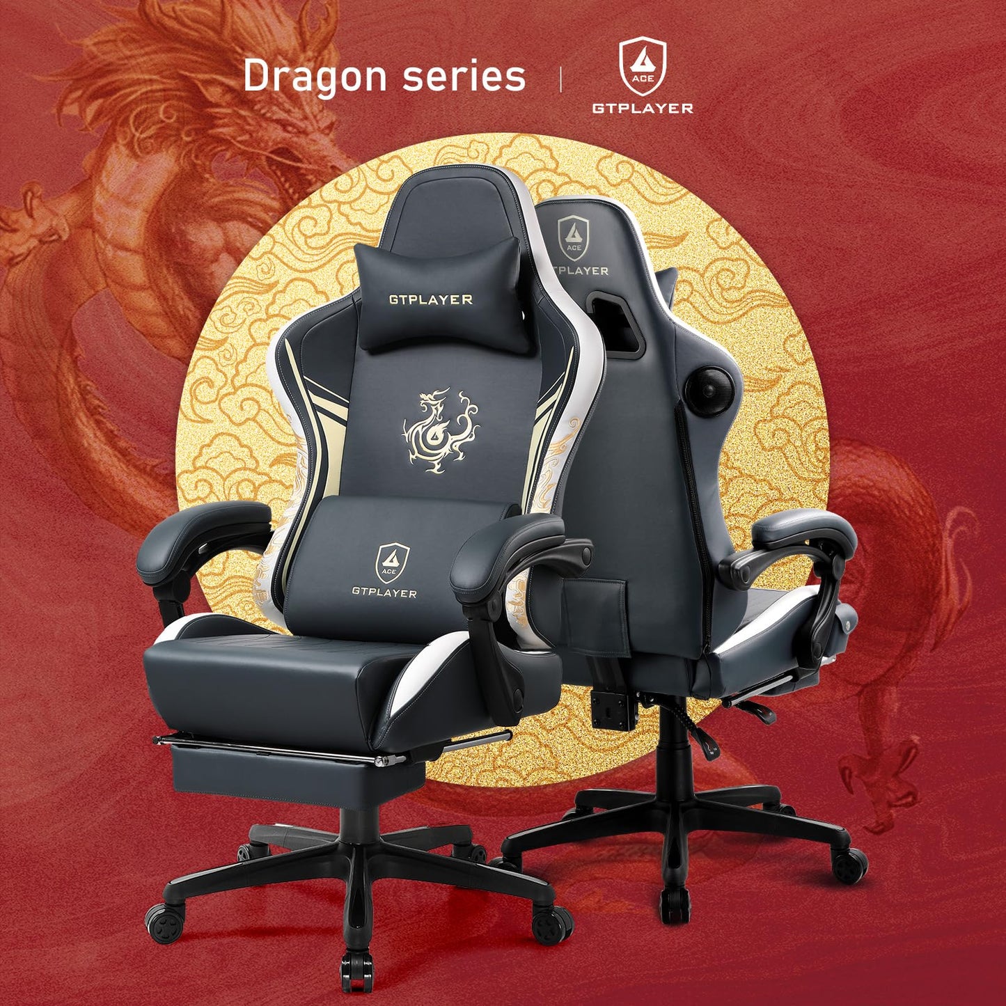 GTPLAYER Gaming Chair with Bluetooth Speakers and Footrest, Dragon Series Video Game Chair, Heavy Duty, Ergonomic, Esports Computer Office Chair,(BLUEGRAY)