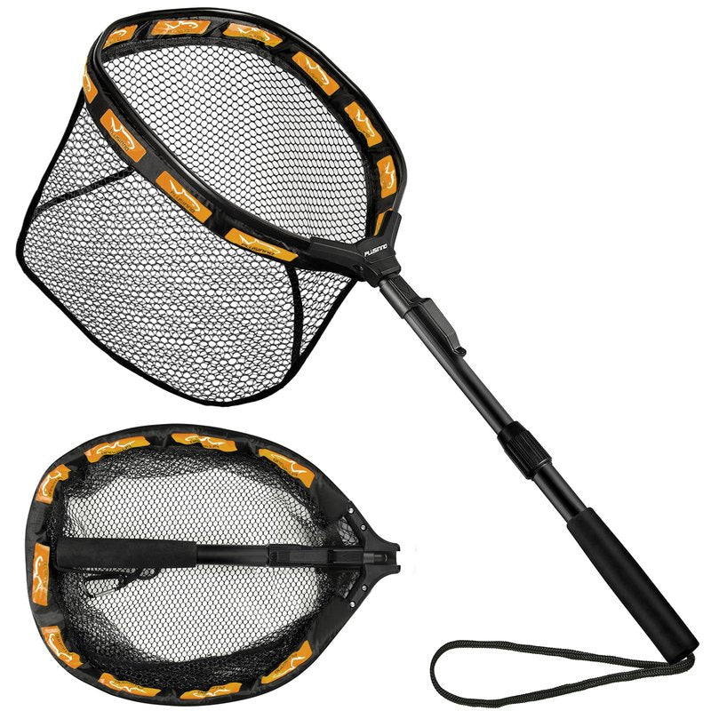 PLUSINNO Fishing Net Fish Floating Landing Net, Kayak Nets with Fixed Foldable Telescopic Pole Handle,Bass Trout Fishing Nets with Nylon Mesh for Pond Lake River,Fishing Gear Gifts for Men Orange 1.0M