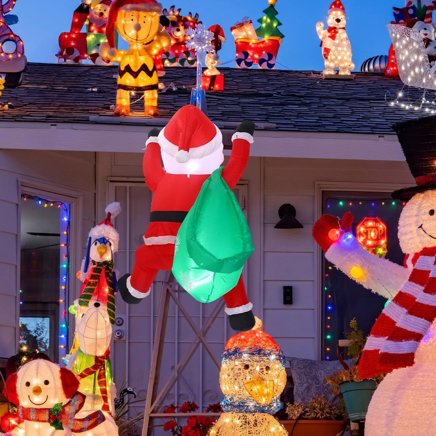 Jenaai 4 ft Christmas Inflatable Santa Claus Outdoor Decorations Climbing Hanging Santa Gift Bag with Build in LED Blow up Christmas Yard Decor for Xmas Porch Garden Lawn Vacation Indoor Outside