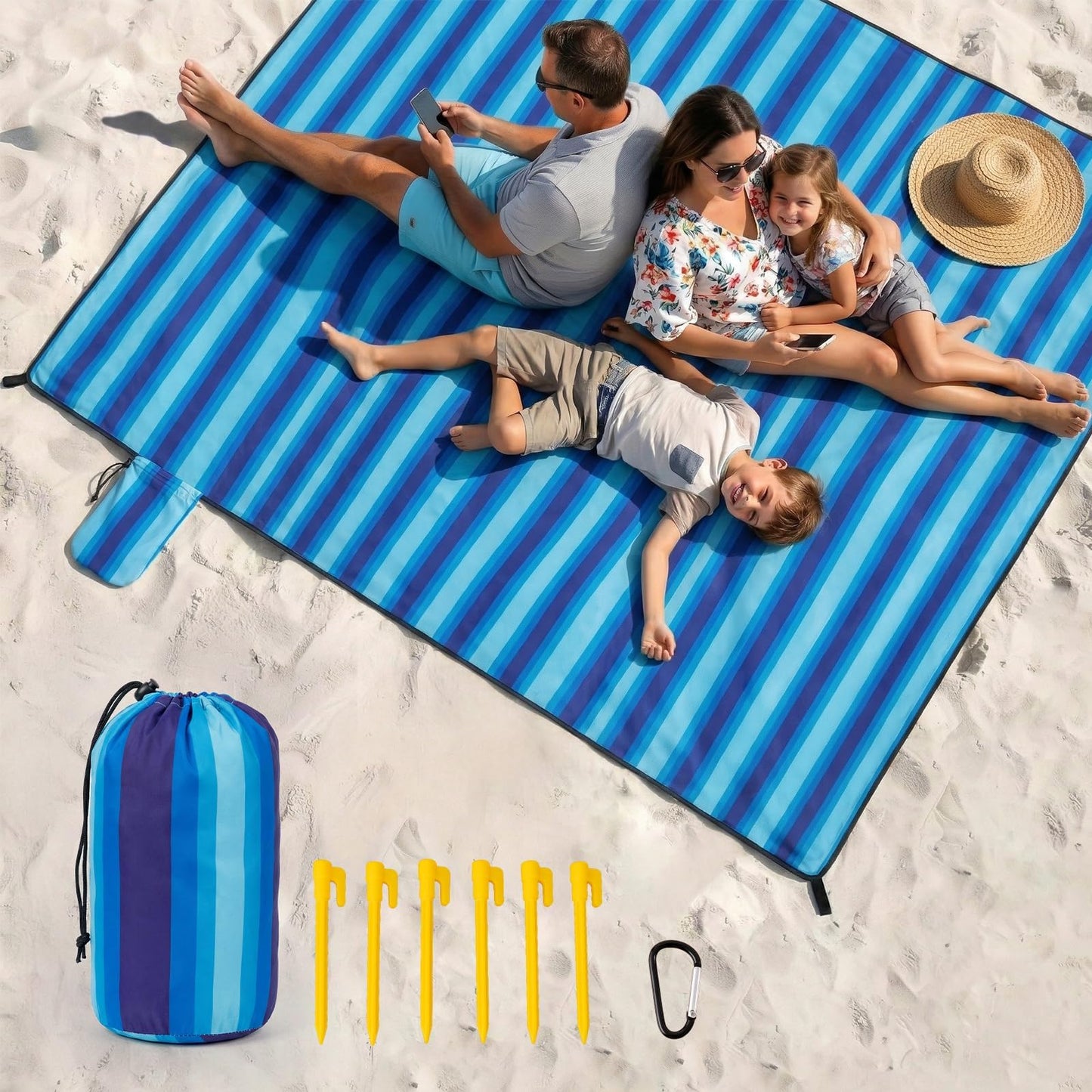 Beach Blanket Waterproof Sandproof - Oversized Extra Large Beach Mat for 3-4 People, Lightweight Sand Free Mat for Summer Vacation with 6 Stakes & 4 Corner Pockets for Beach, Camping 7x7ft Blue Stripe