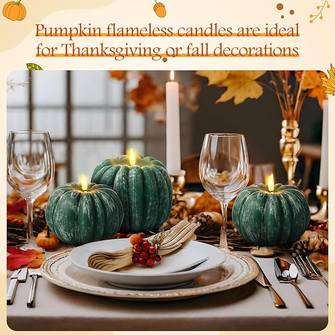 Retisee 3 Pcs Flameless Thanksgiving LED Candle Fall Light up Pumpkin Flameless Candles with Timer Remote Control, 4" 6" h Autumn Farmhouse Rustic Harvest Decor for Home Party(Green)