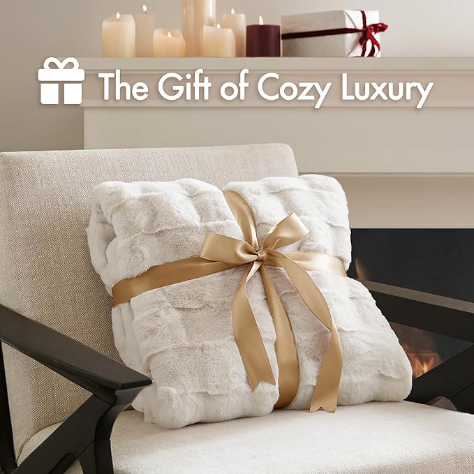 Madison Park Luxuriously Cozy Soft Long Faux Fur Throw Basketweave Blanket Reversible Soft & Snuggly Velvet Throw, Lightweight, Breathable Trendy Room Décor Summer Blanket, 50x60, Ivory