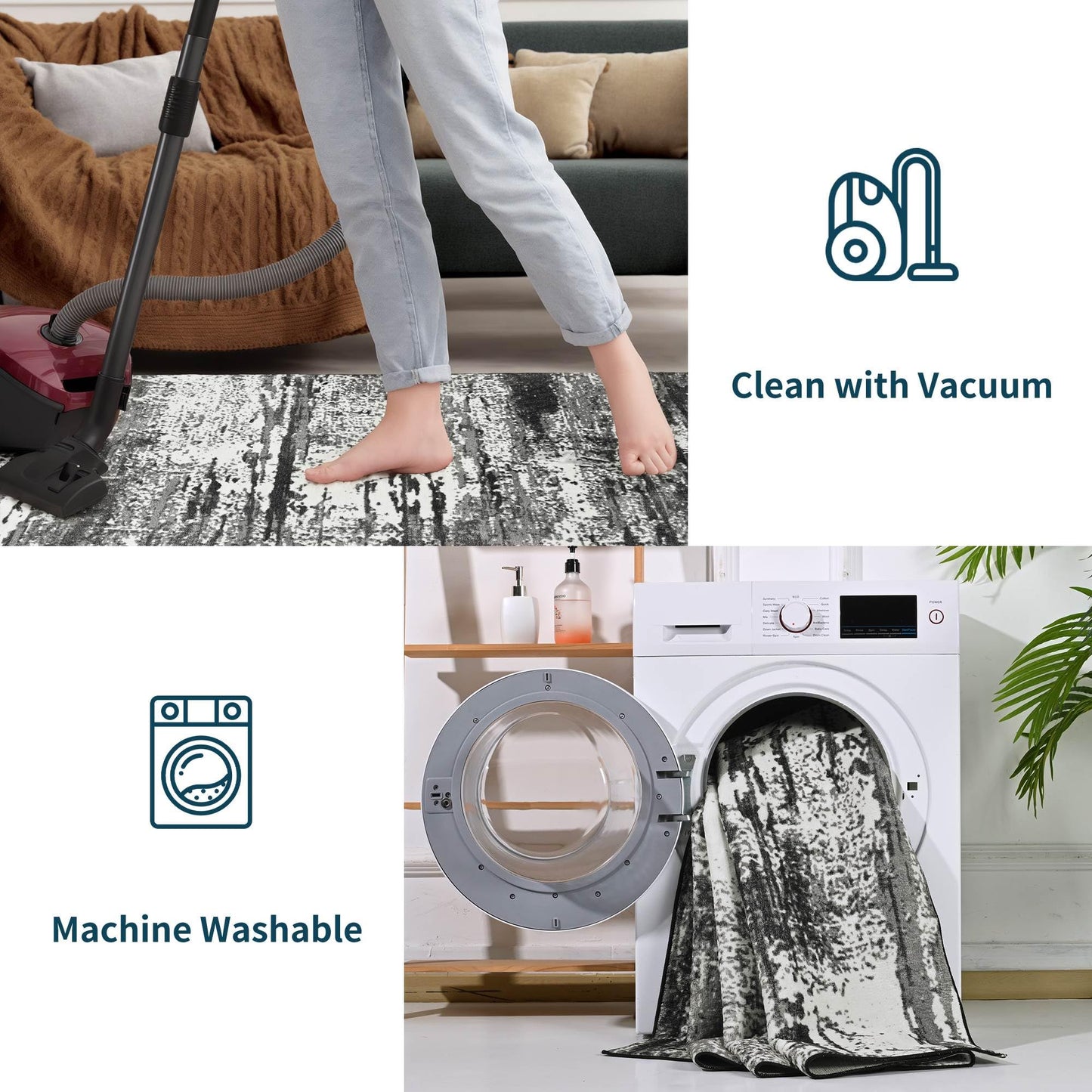 Runner Rug 2x6 Washable Rug Runners for Hallways Kitchen Non-Slip Rugs Abstract Print Soft Faux Wool Carpet Runner for Entryway Indoor, Bedroom Bedside, Laundry, Dorm, Home Decor (Black and Grey)
