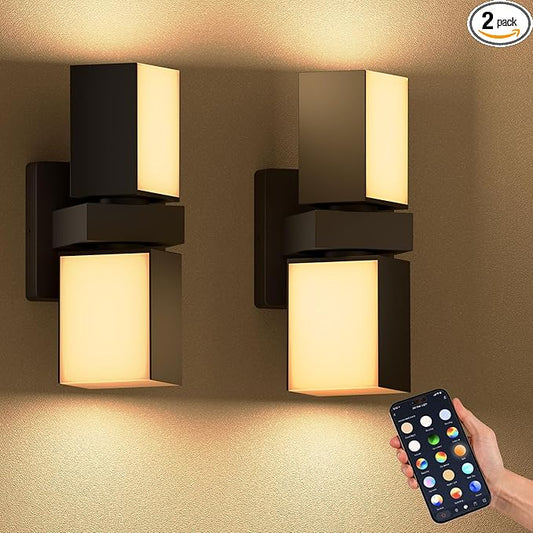 XMCOSY+ Outdoor Wall Light, 1400LM Smart RGBCW Outdoor Wall Sconce Lights, Adjustable Dual-Head LED Porch Light, WiFi APP Control, Alexa Compatible, IP65 Waterproof Outside Lights for House, 2 Pack
