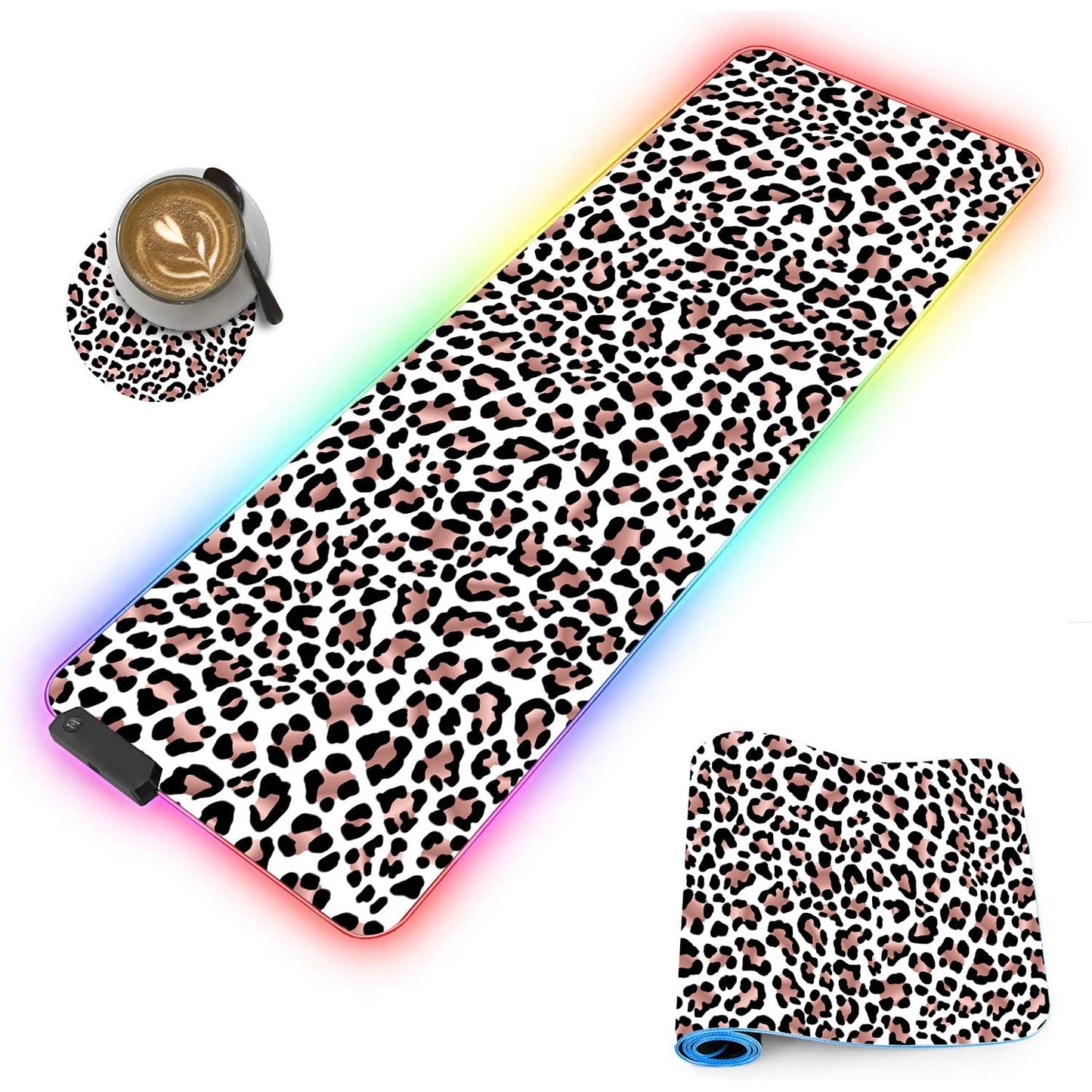 CICPLKSE Customized RGB Gaming Mouse Pad and Coffee Coaster,Large Glowing Led Anti-Slip Rubber Base Computer Keyboard Desk Mouse Mat 31.4x11.8 Inch,Leopard Print