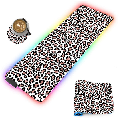 CICPLKSE Customized RGB Gaming Mouse Pad and Coffee Coaster,Large Glowing Led Anti-Slip Rubber Base Computer Keyboard Desk Mouse Mat 31.4x11.8 Inch,Leopard Print