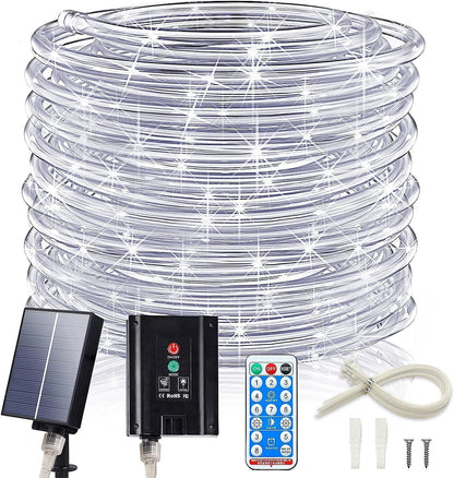 ICRGB Solar Rope Lights, 66FT 200LED 1800mAh Outdoor Waterproof Solar Lights with Remote, IP67 String Light with Timing & 8 Modes for Garden Tree Pathway Yard Pool RV Christmas Decor, White