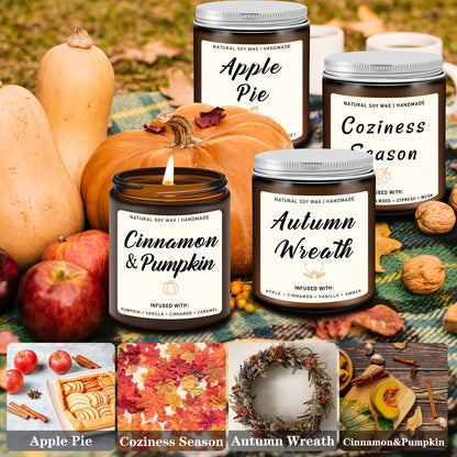 Homsolver Set of 4 Fall Scented Candles, Home Fall Decor, Candles Gifts for Women Men - Apple Pie/Autumn Wreath/Cozy Season/Cinnamon Pumpkin Scented for Autumn
