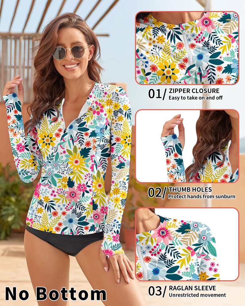 WOWENY Women Rash Guard Long Sleeve Swimsuit Top UPF 50 Sun Protection Swim Shirts Half Zip Bathing Suit No Bottom(A-White | Floral1, Large)