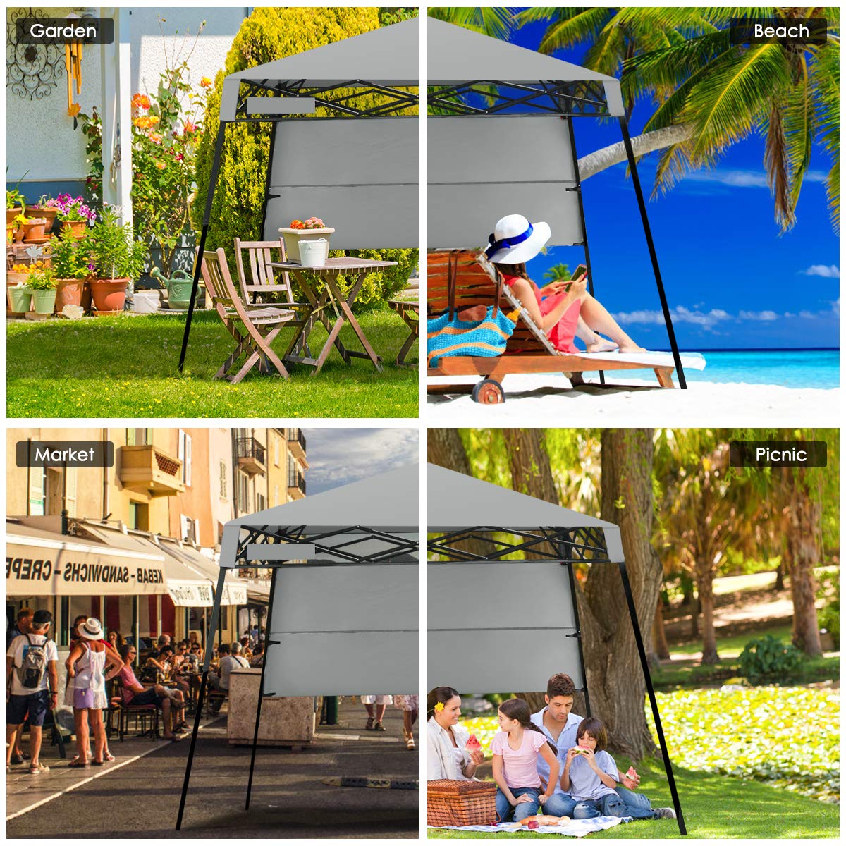 Tangkula 7x7 Ft Pop Up Canopy, Slant Leg Outdoor Tent with Carry Bag & 4 Stakes, Compact Portable for Hiking Camping Fishing & Picnic (7'x7' Base, 6'x6' Top)