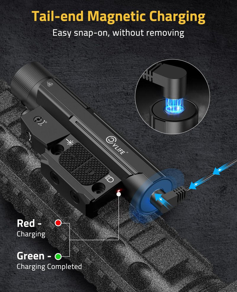 CVLIFE 2600 Lumens Compact Rifle Laser Light Combo with Easy Touch Switch, Ar Light Compatible with M-Rail and Picatinny, Magnetic Rechargeable Ar Flashlight with Green Laser for Home Defense, Hunting