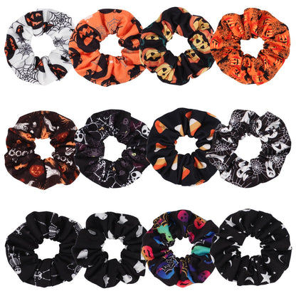 Halloween Hair Scrunchies BOO Spooky Pumpkin Fall Scrunchies Skull Ghosts Bat Star Moon Candy Spider Web Skeleton Hair Ties for Women Girls Elastics Scrunchy Halloween Gifts Accessories 12 PCS