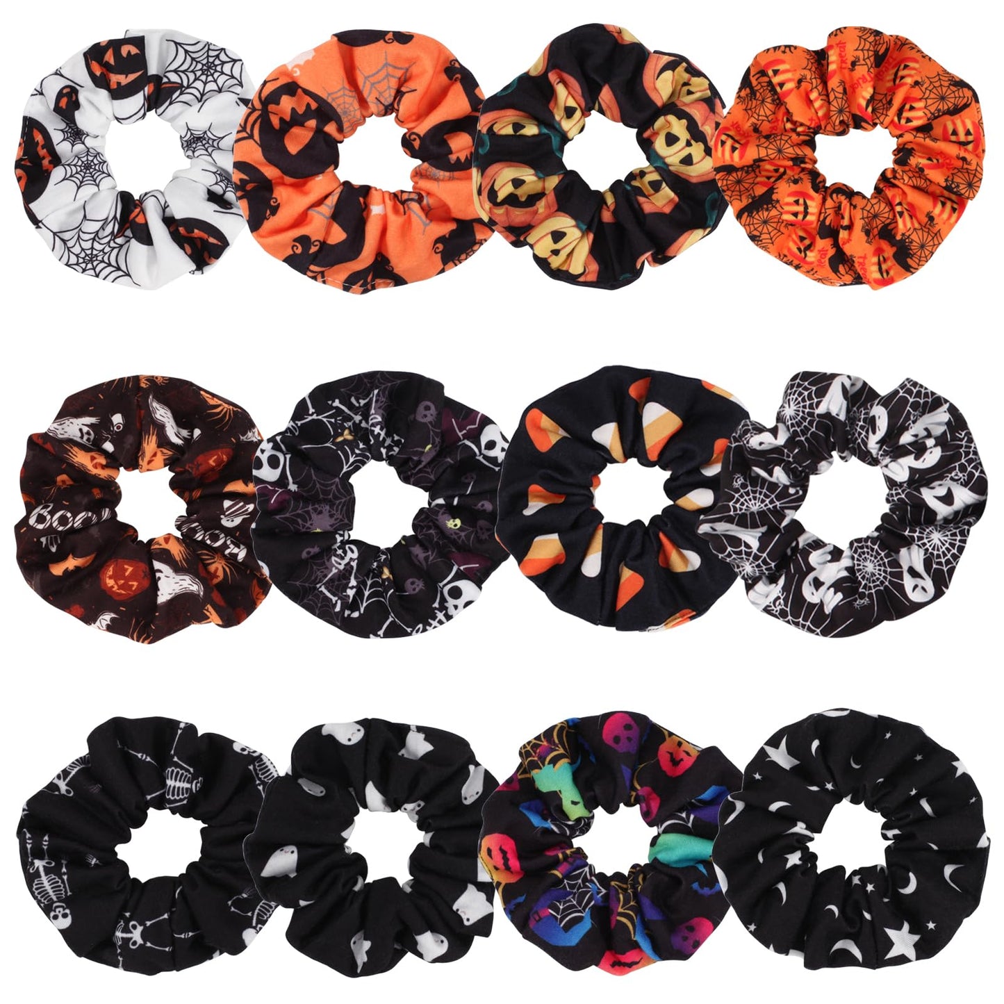 Halloween Hair Scrunchies BOO Spooky Pumpkin Fall Scrunchies Skull Ghosts Bat Star Moon Candy Spider Web Skeleton Hair Ties for Women Girls Elastics Scrunchy Halloween Gifts Accessories 12 PCS