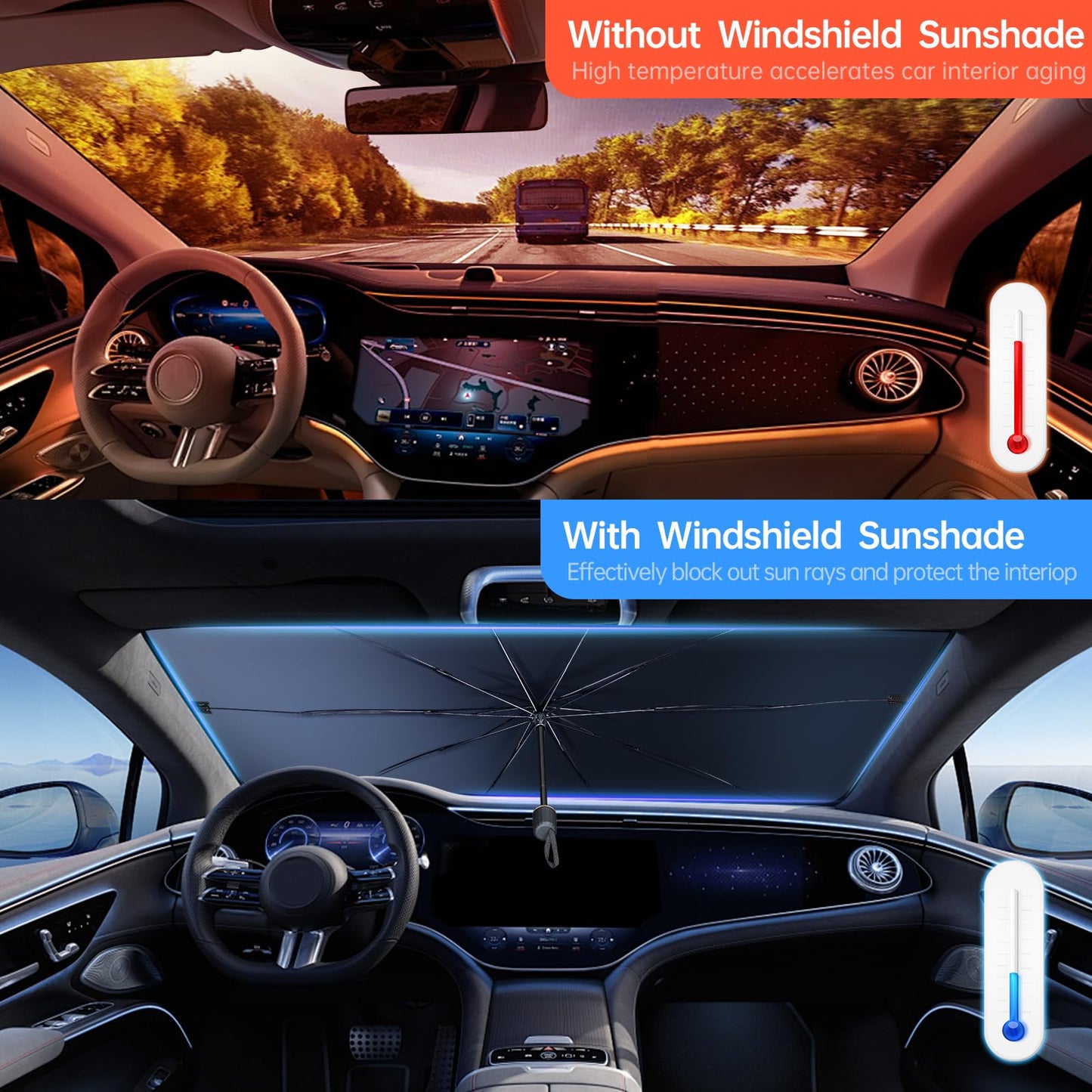 Car Windshield Sun Shade Umbrella, Foldable Car Umbrella Sunshade Cover Protect Vehicle from UV Sun, Easy to Store and Use, Keeps Vehicle Cool, Fit Most Vehicle (57 x 31 inches)