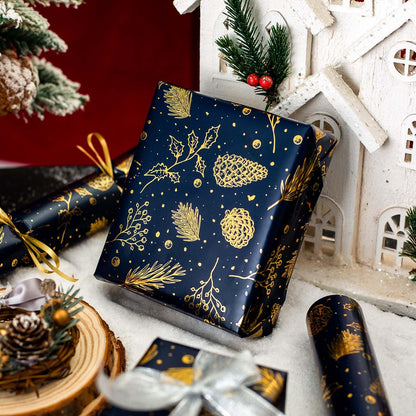 Homeral Christmas Wrapping Paper Roll-46.8 sq.ft. (17in x 33ft) Metallic Shine Navy Blue with Gold Pine Cone, Pine Twig for Christmas, New Year Celebration, Party, Holiday