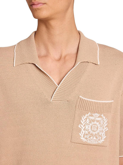 Balmain, Emblem Cotton-Blend Polo Shirt, Medium, Beige Natural