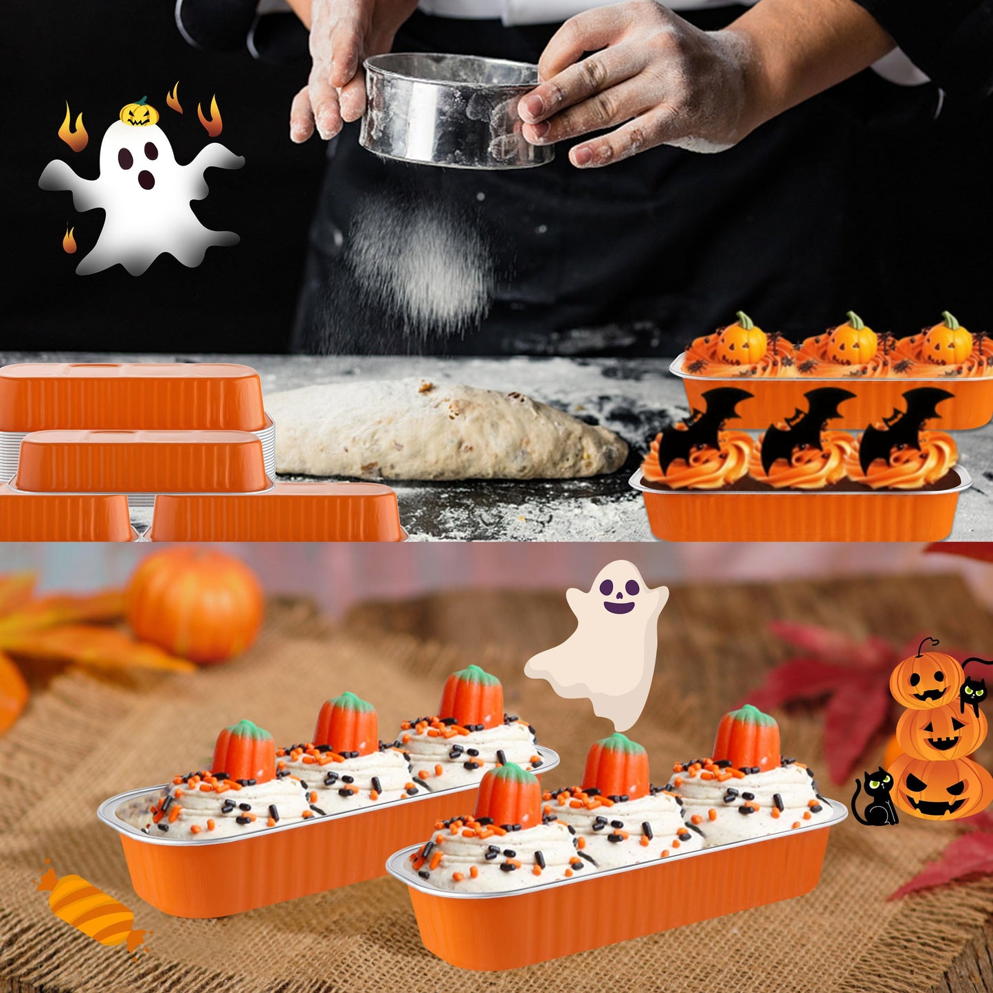 Mini Loaf Pans with Lids, BAKINGPAK 50PCS 6.8OZ 200ML Mini Cake Pans Disposable Aluminum Foil Cupcakes Pans with Lids for Halloween Party Birthday, Orange