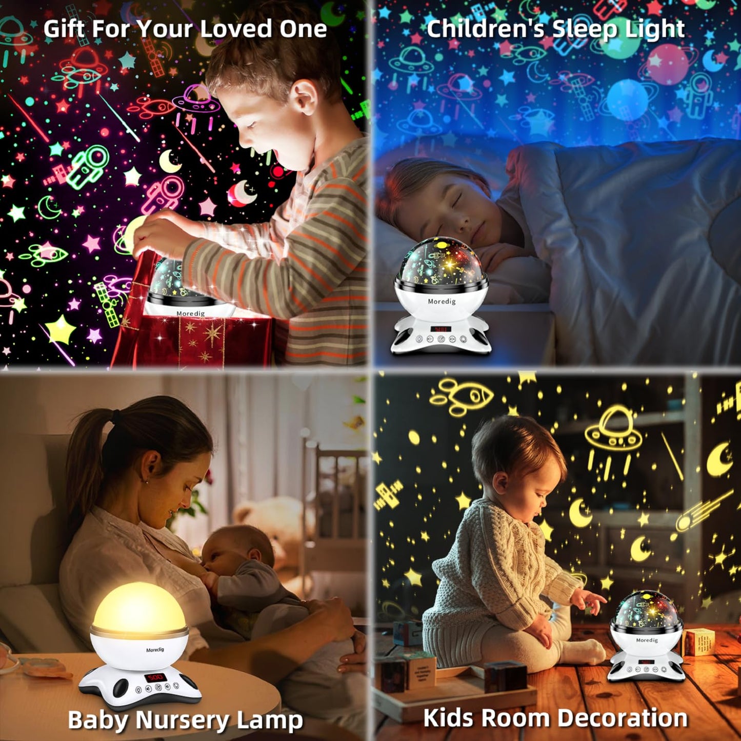 Moredig Baby Projector Night Light, Night Light Kids Projector with 12 Music and Timer, Remote Kids Night Light for Bedroom with 8 Lighting Modes, Gifts for Baby Boy Girls- Black White